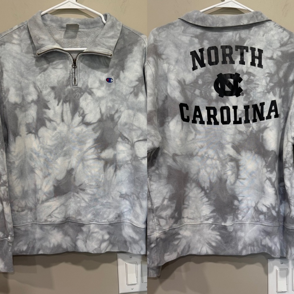 Champion Reverse Weave 1/4‎ Zip Sweatshirt North Carolina Tie-Dye Grey Small